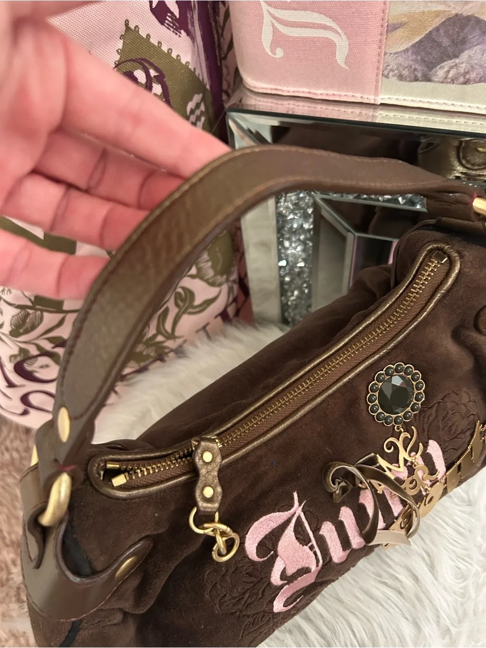 Y2K Vintage 2007 Juicy Couture Brown Velour Pink Logo Hobo Bag LIVE FOR COUTURE